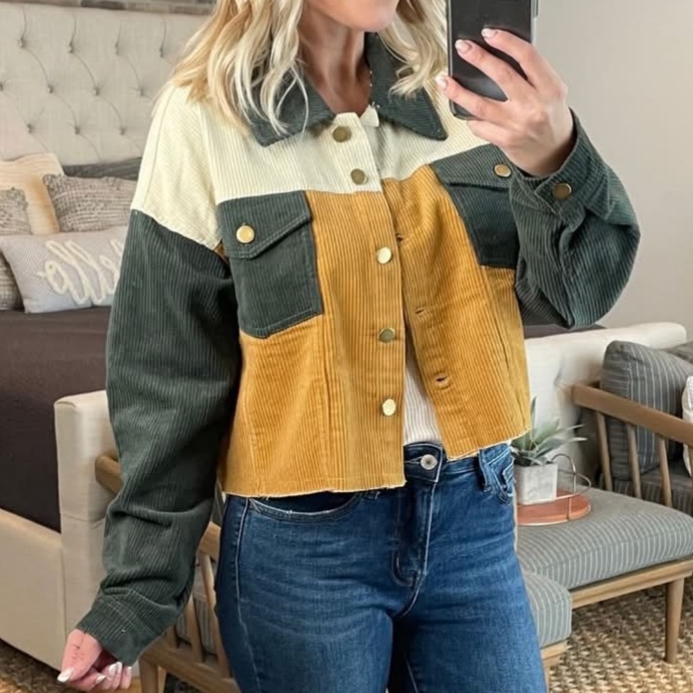 NWT Altar’d State Corduroy Pocket Mustard Color Block Ribbed Button Up Jacket